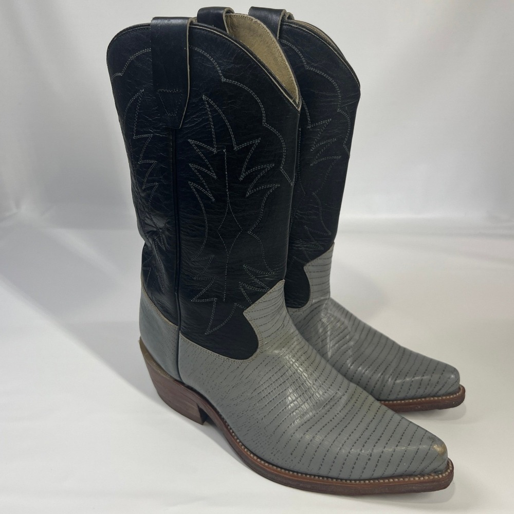 7 Leguas Lizard Western Boots‎ Gray Black Women's 7 Cowboy Exotic Leather